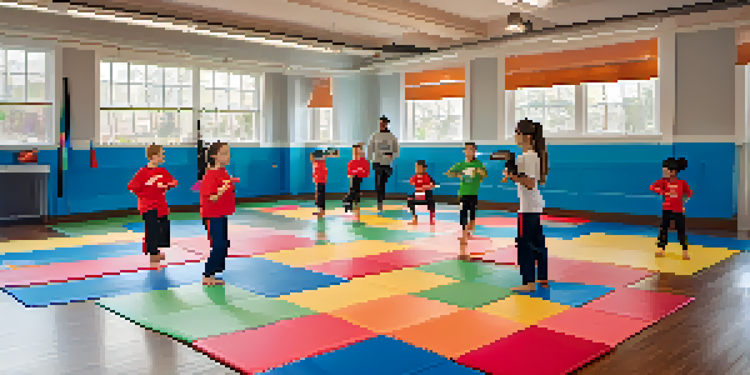 A bright, cheerful self-defense training class with diverse kids practicing techniques under the guidance of a supportive instructor.