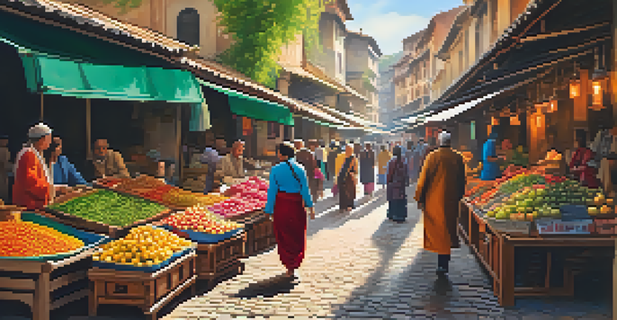 A solo traveler in a lively market filled with colorful stalls and people in traditional clothing, illuminated by warm sunlight.
