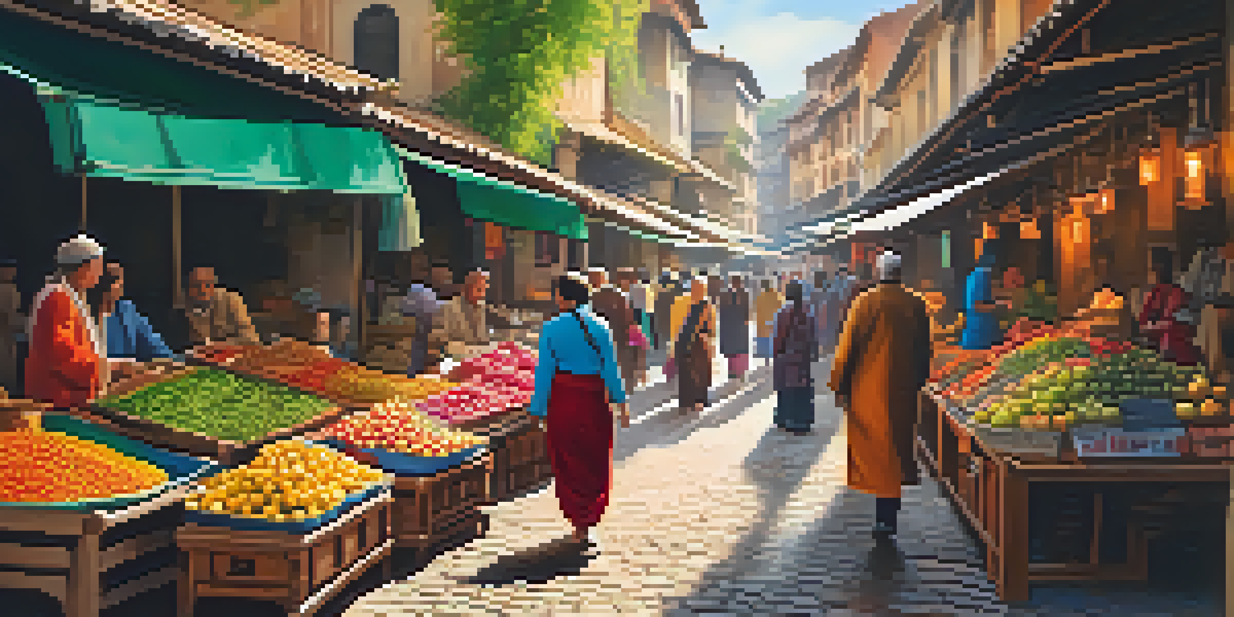 A solo traveler in a lively market filled with colorful stalls and people in traditional clothing, illuminated by warm sunlight.