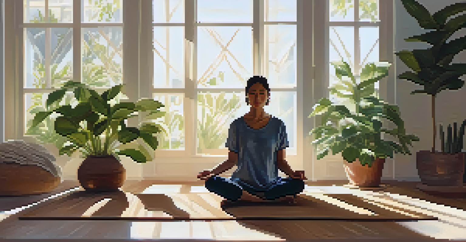 A person practicing mindfulness in a sunlit room, surrounded by plants and calming decor.