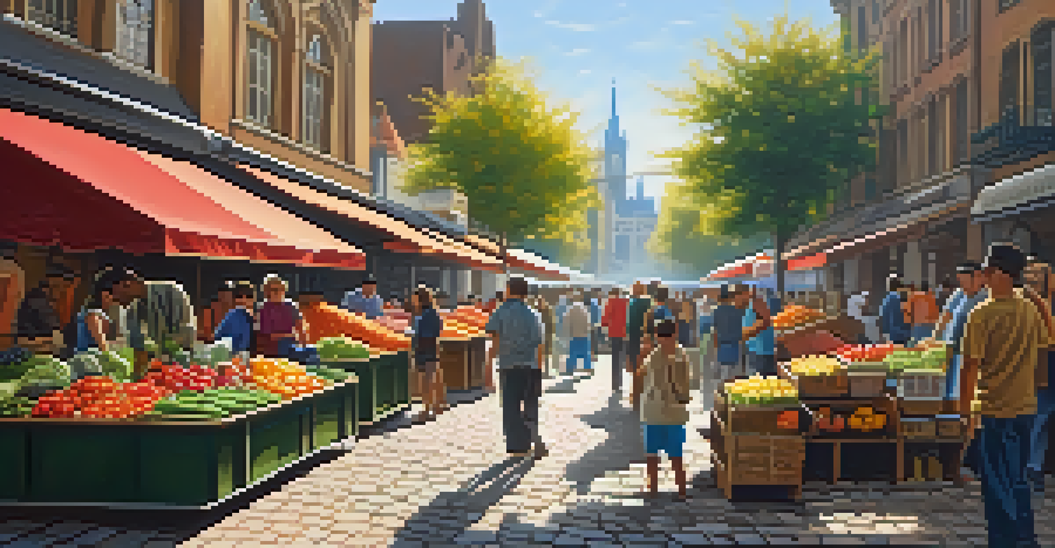 A vibrant city market with colorful stalls and people interacting, illuminated by sunlight.