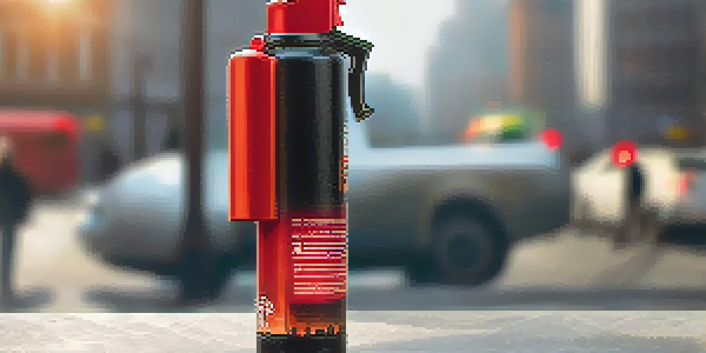 A close-up of a hand holding a small pepper spray canister against a blurred city background.