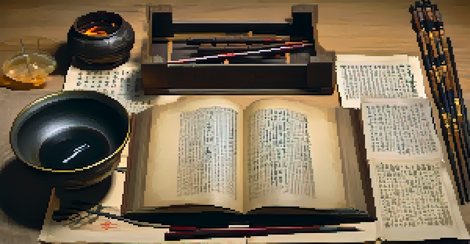 An open book of 'The Art of War' with ink and brush tools on a wooden table.