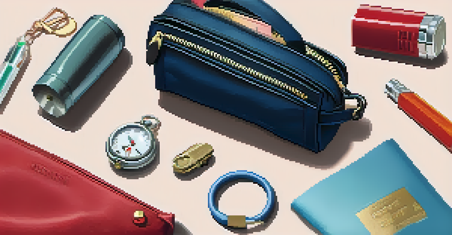A stylish handbag opened to show various self-defense tools including pepper spray, a personal alarm, a tactical flashlight, and a self-defense keychain, with a notepad beside it.