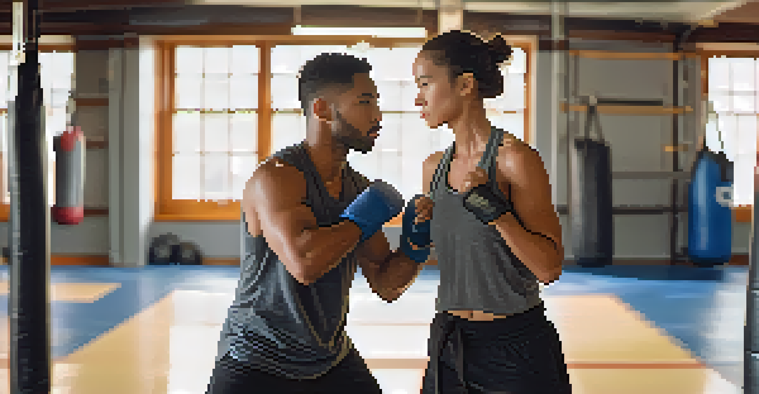 Two individuals practicing self-defense techniques in a gym, showcasing focus and determination.