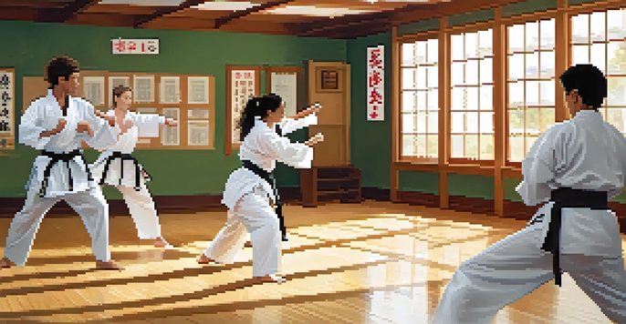A diverse group of people in a dojo practicing self-defense techniques, with one woman performing a karate kick and others supporting her.