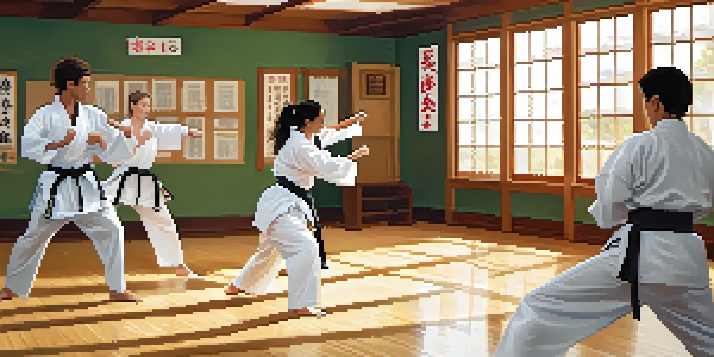 A diverse group of people in a dojo practicing self-defense techniques, with one woman performing a karate kick and others supporting her.