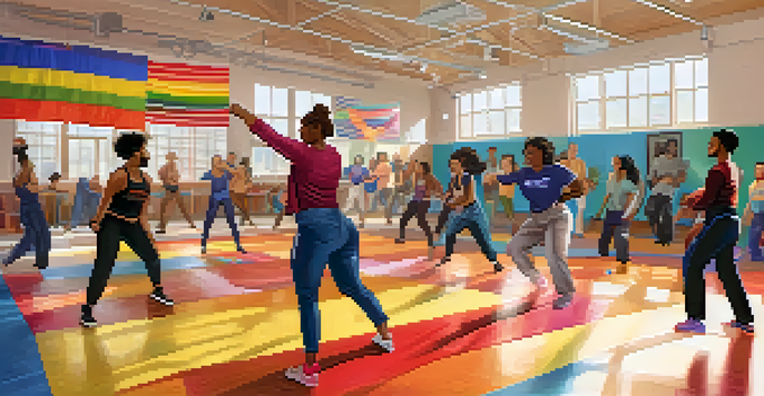 A diverse group of LGBTQ+ individuals engaged in self-defense training in a community center, with instructors demonstrating techniques and colorful motivational decor.