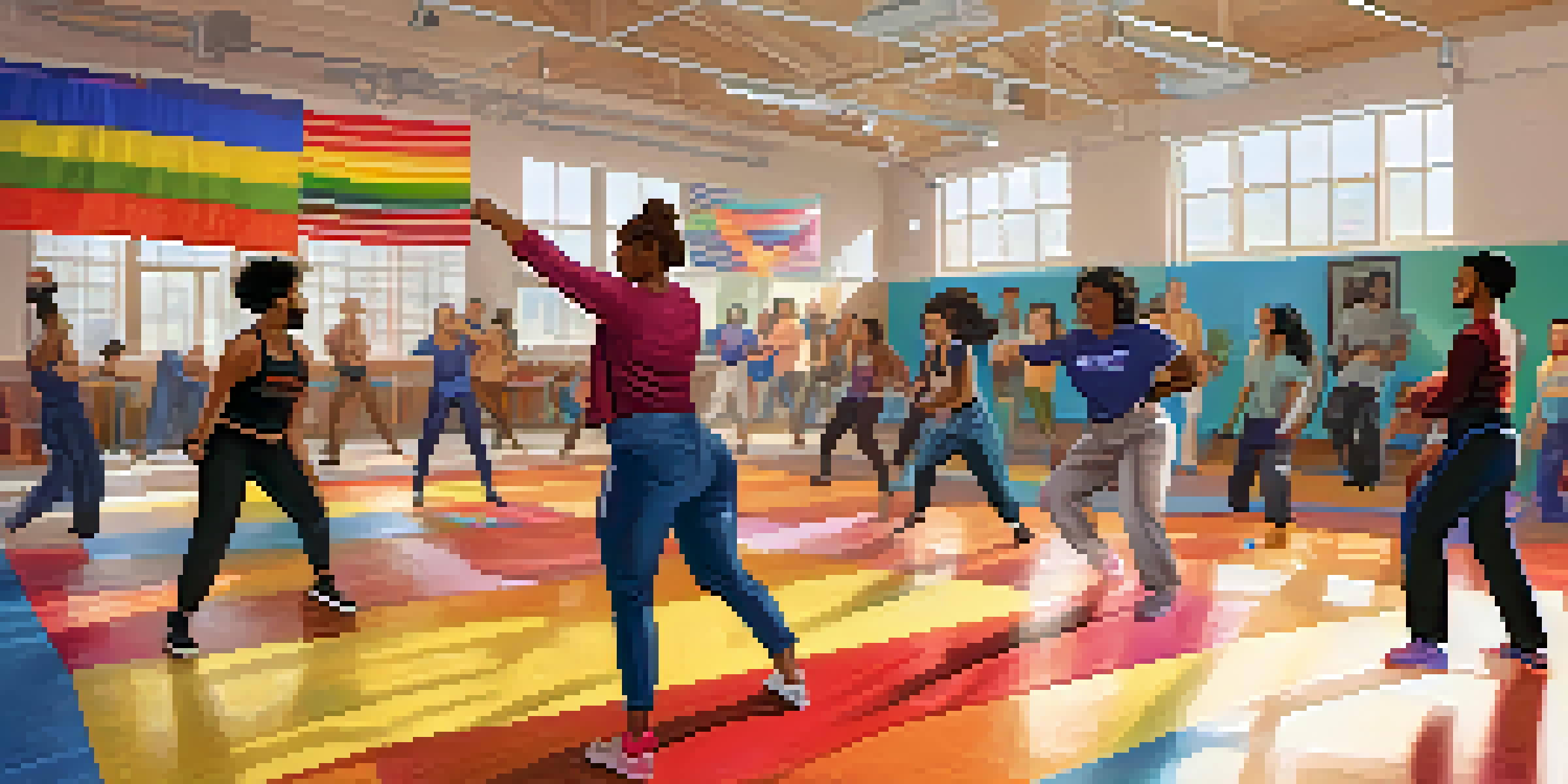 A diverse group of LGBTQ+ individuals engaged in self-defense training in a community center, with instructors demonstrating techniques and colorful motivational decor.