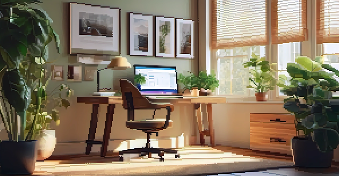 A well-lit home office with a wooden desk, laptop, coffee cup, and a houseplant in the corner.