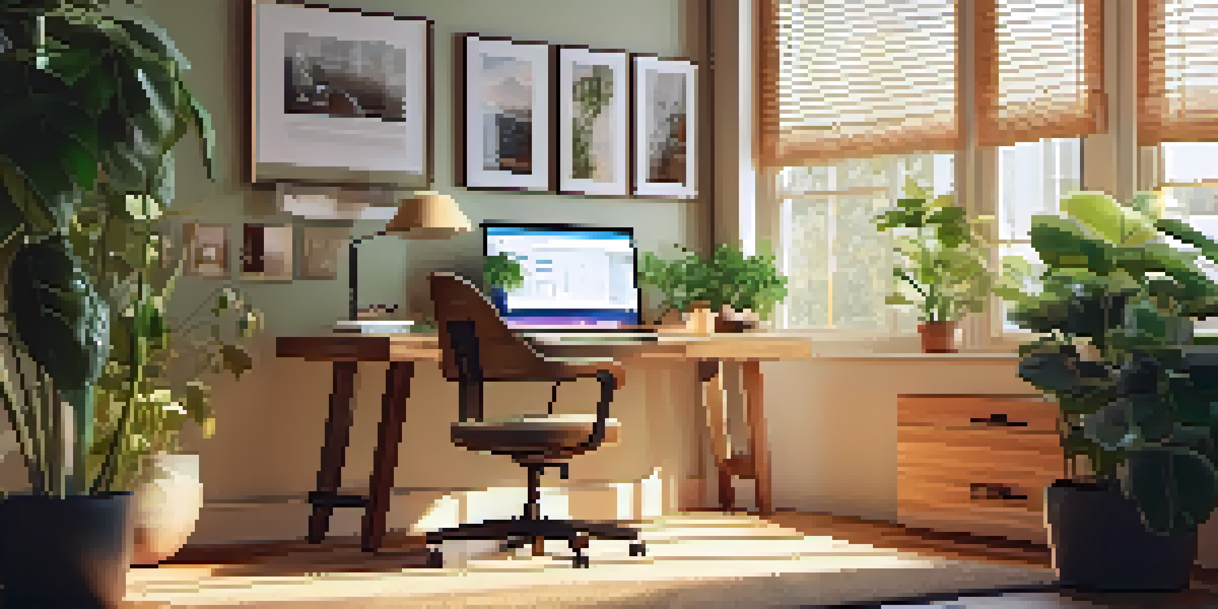 A well-lit home office with a wooden desk, laptop, coffee cup, and a houseplant in the corner.