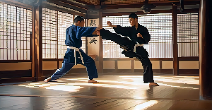 A person performing a dynamic kick in a dojo, surrounded by martial arts decor and warm sunlight.