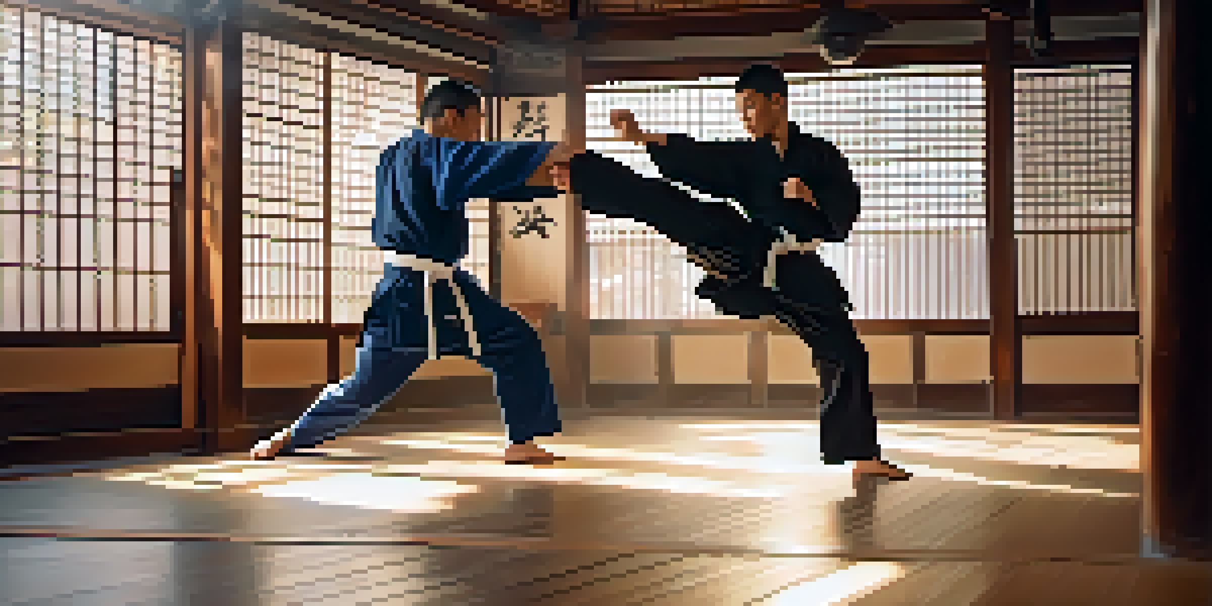 A person performing a dynamic kick in a dojo, surrounded by martial arts decor and warm sunlight.