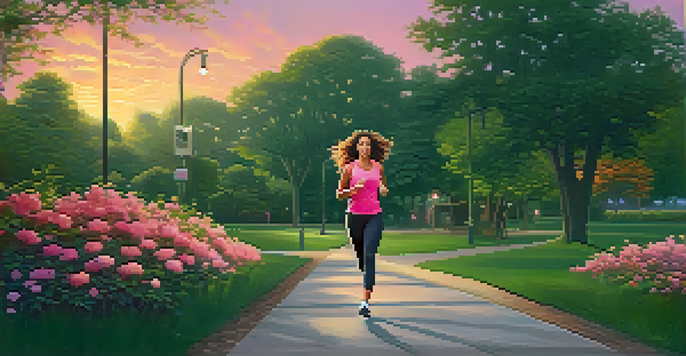 A confident woman jogging in a park at dusk, surrounded by trees and flowers, with warm streetlight glow illuminating the path.