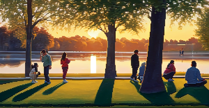 A diverse group of people practicing self-defense techniques in a park during sunset, with warm light filtering through the trees.