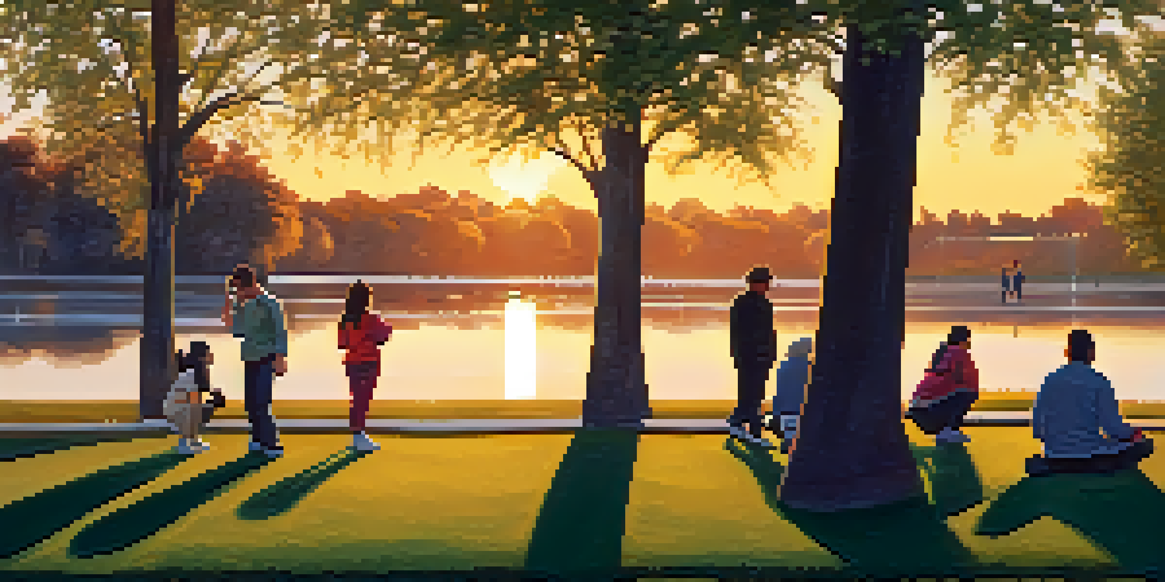 A diverse group of people practicing self-defense techniques in a park during sunset, with warm light filtering through the trees.
