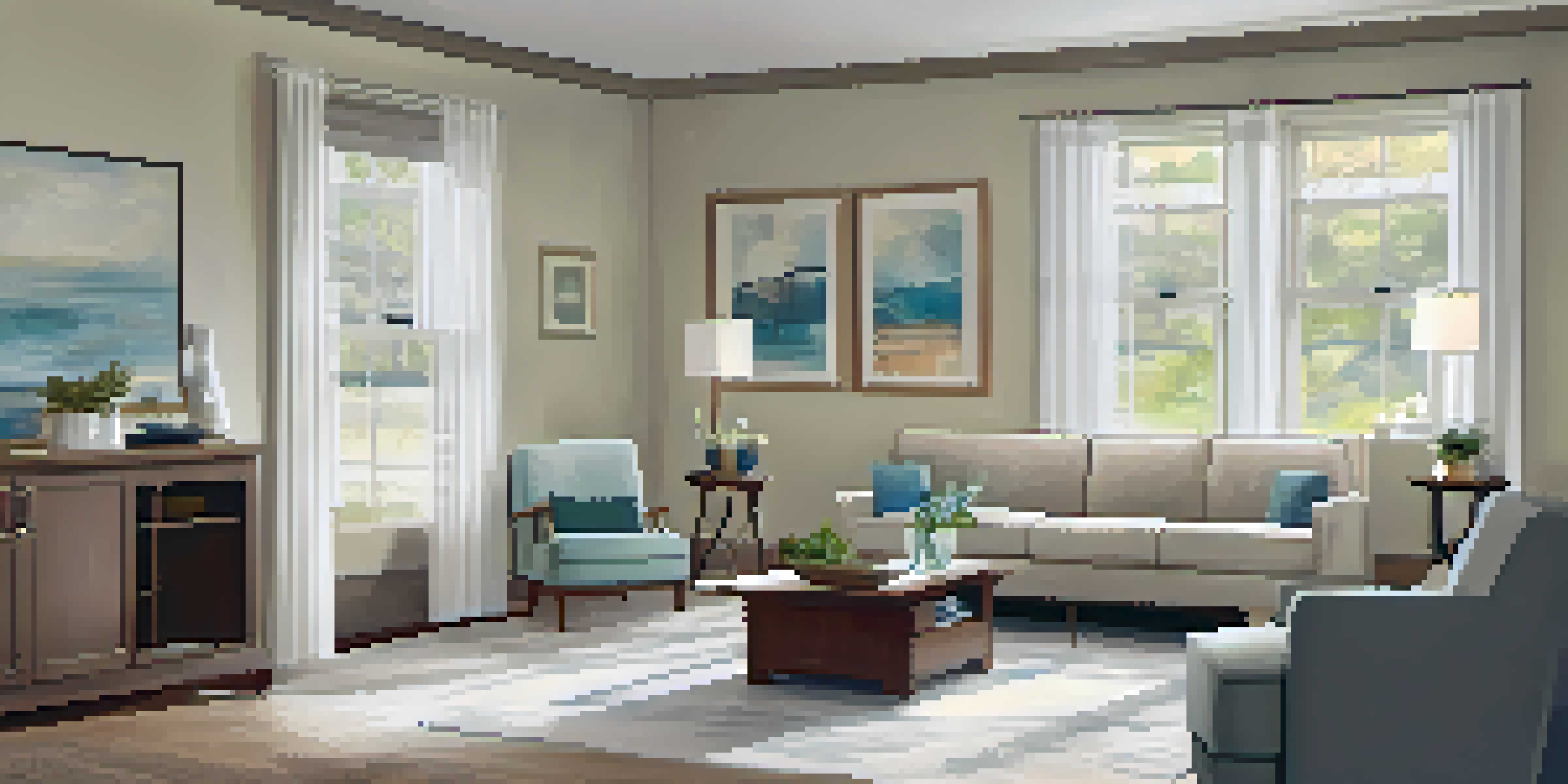 A cozy and safe living room for seniors, well-lit and free of tripping hazards, with grab bars and a medical alert device.