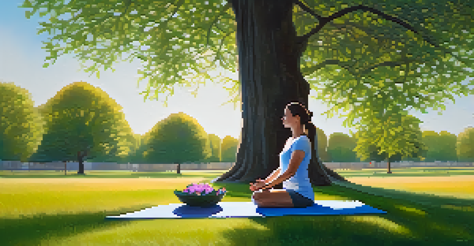 A person practicing mindfulness meditation in a peaceful park with sunlight filtering through the trees.