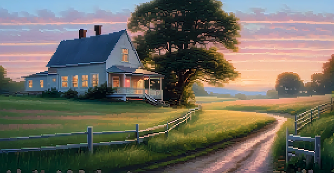 A peaceful rural landscape with a farmhouse, green fields, and a colorful dawn sky.