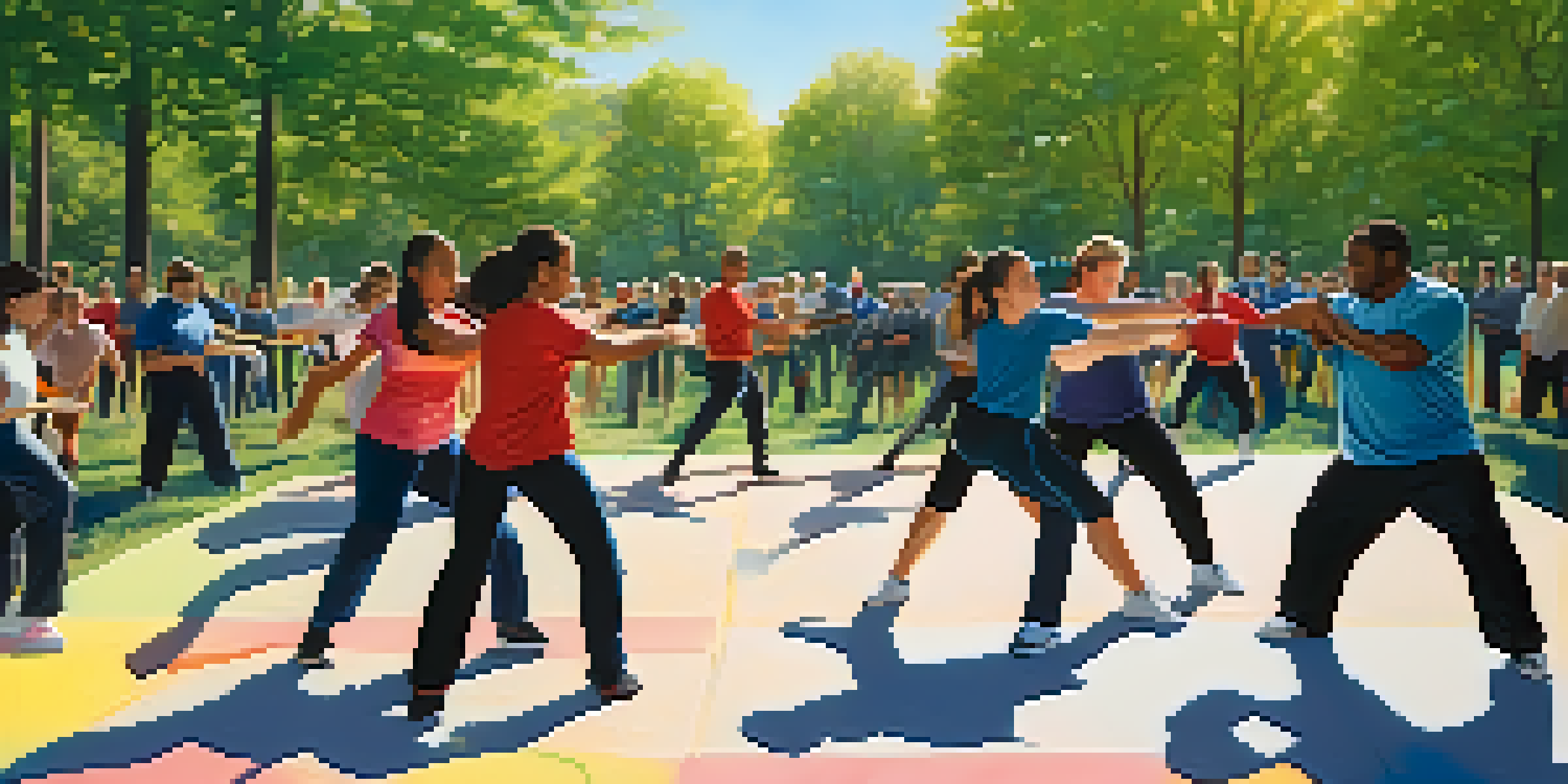 A diverse group of people participating in a self-defense workshop in a sunny park, practicing techniques together with instructors.