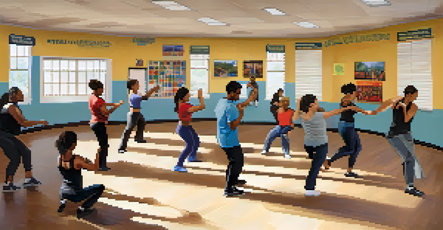 A community center classroom filled with people attending a self-defense workshop, with an instructor demonstrating techniques.