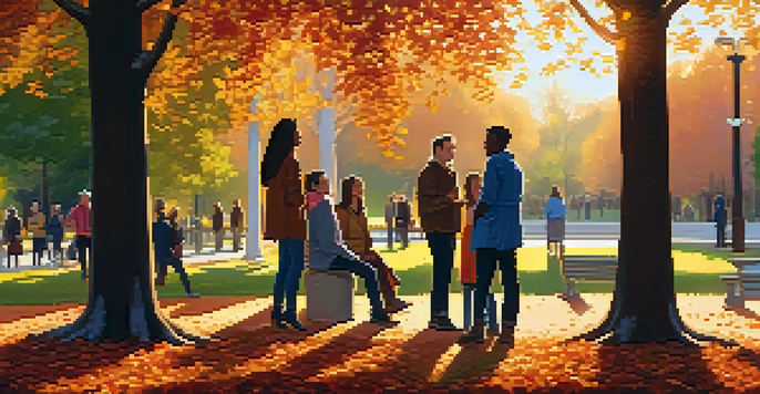 A diverse group of people having a warm conversation in a park during sunset, with golden light filtering through trees and colorful autumn leaves.