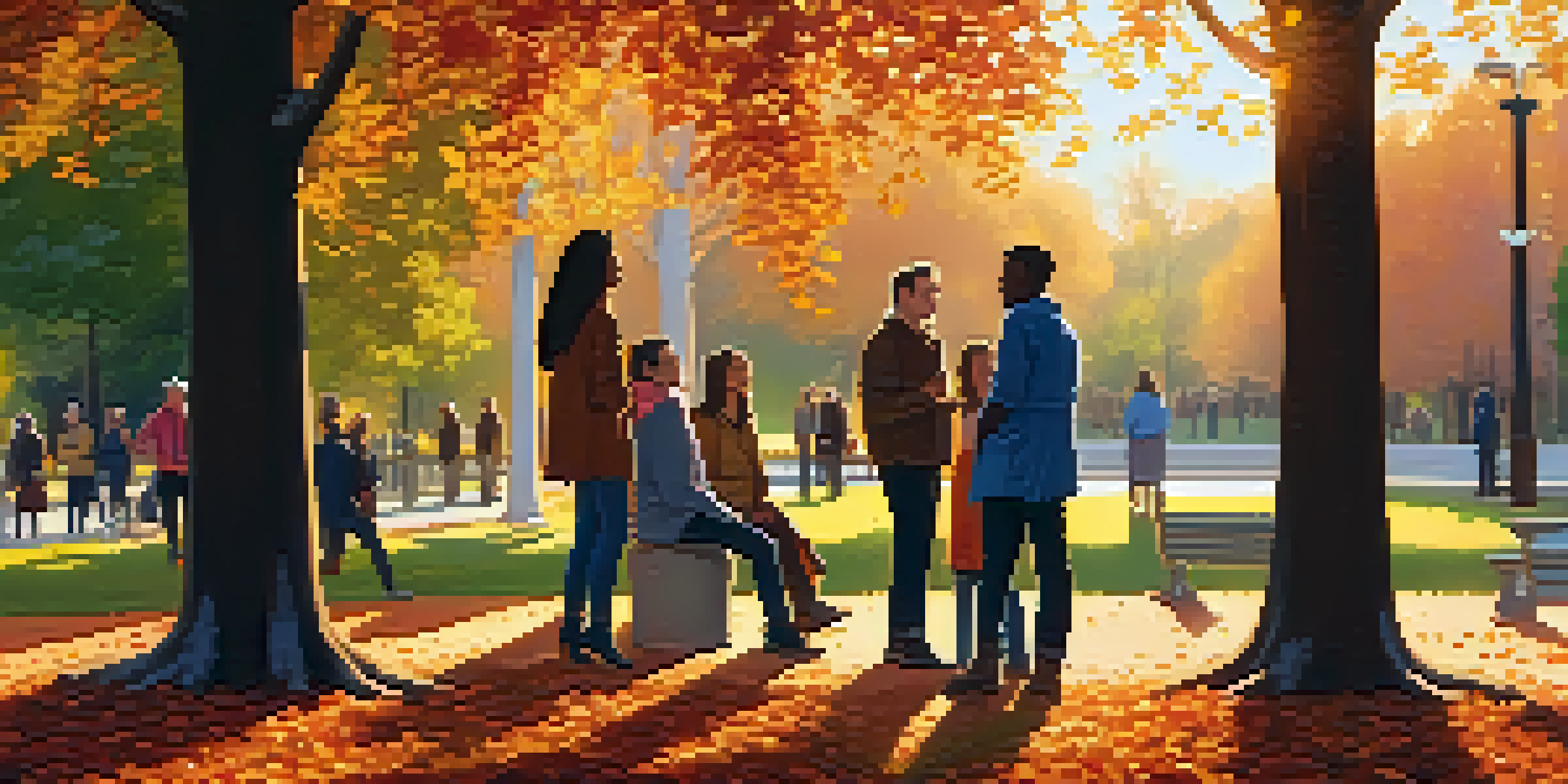 A diverse group of people having a warm conversation in a park during sunset, with golden light filtering through trees and colorful autumn leaves.