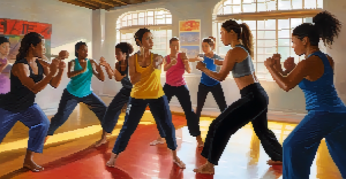 A diverse group of women practicing self-defense techniques in a bright gym, showcasing various dynamic poses.