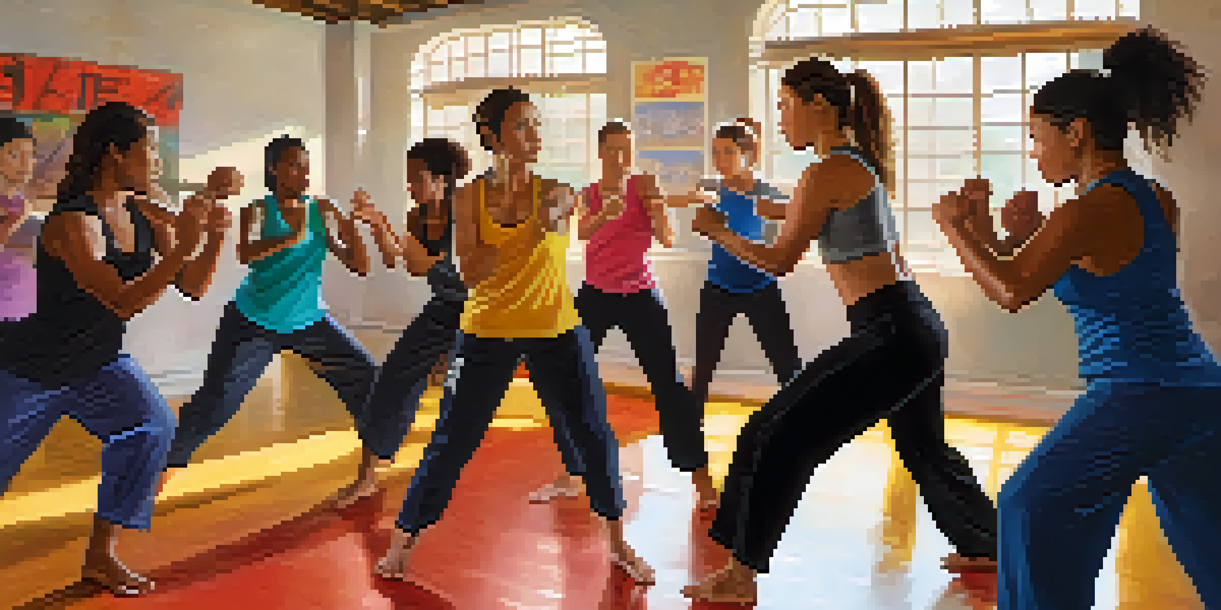 A diverse group of women practicing self-defense techniques in a bright gym, showcasing various dynamic poses.