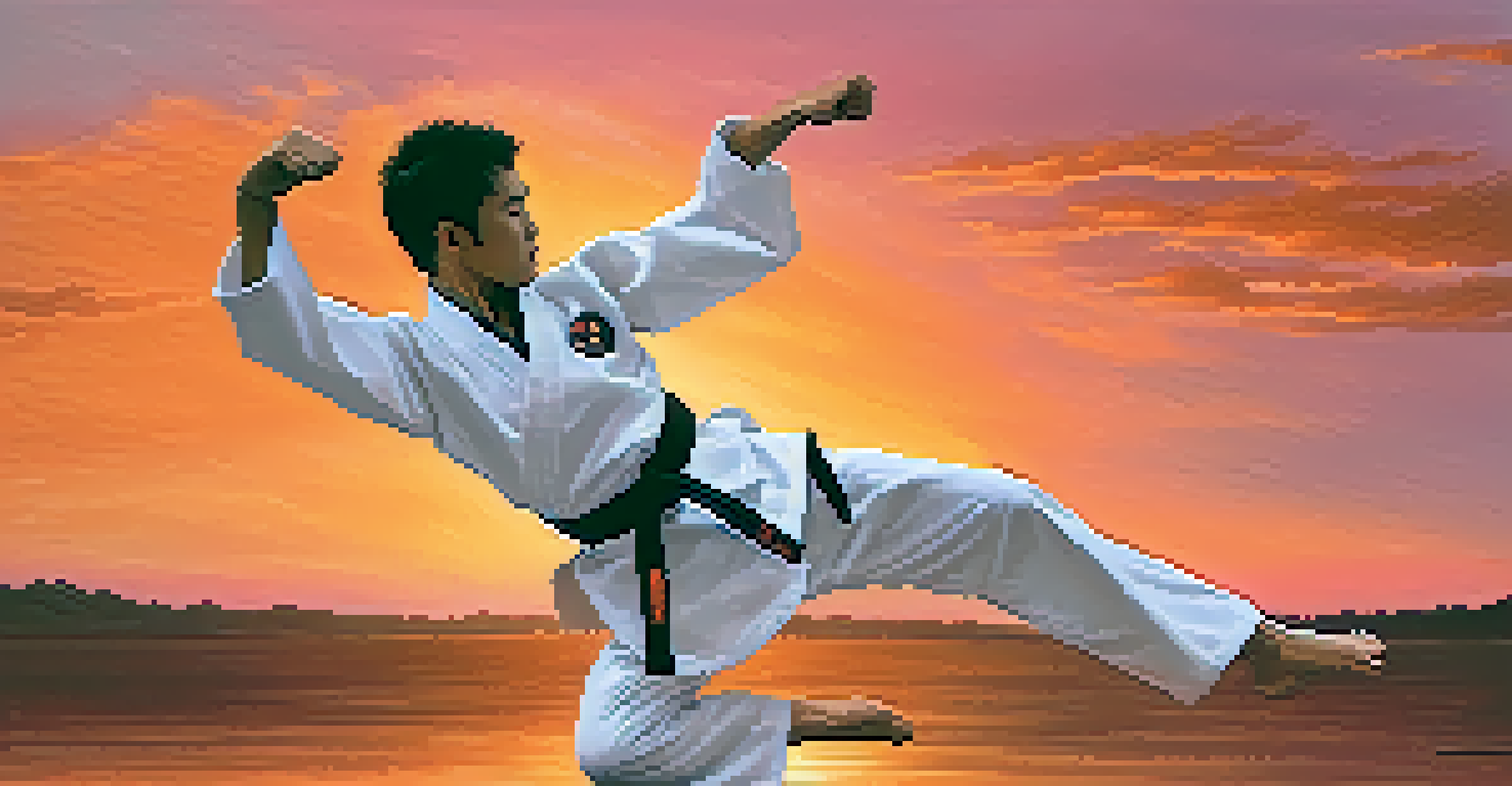 A Taekwondo practitioner performing a high kick against a vibrant sunset sky.