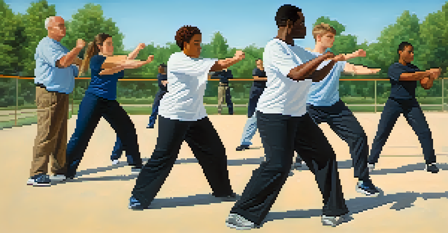 Diverse individuals practicing self-defense techniques outdoors in a park setting.
