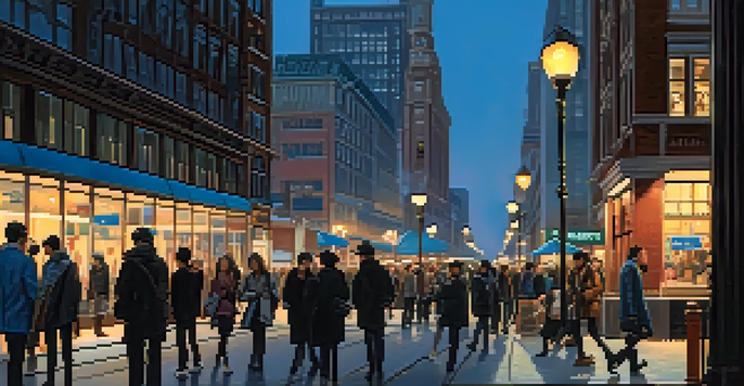 A busy urban street at dusk with people walking, buildings in the background, and streetlights glowing.