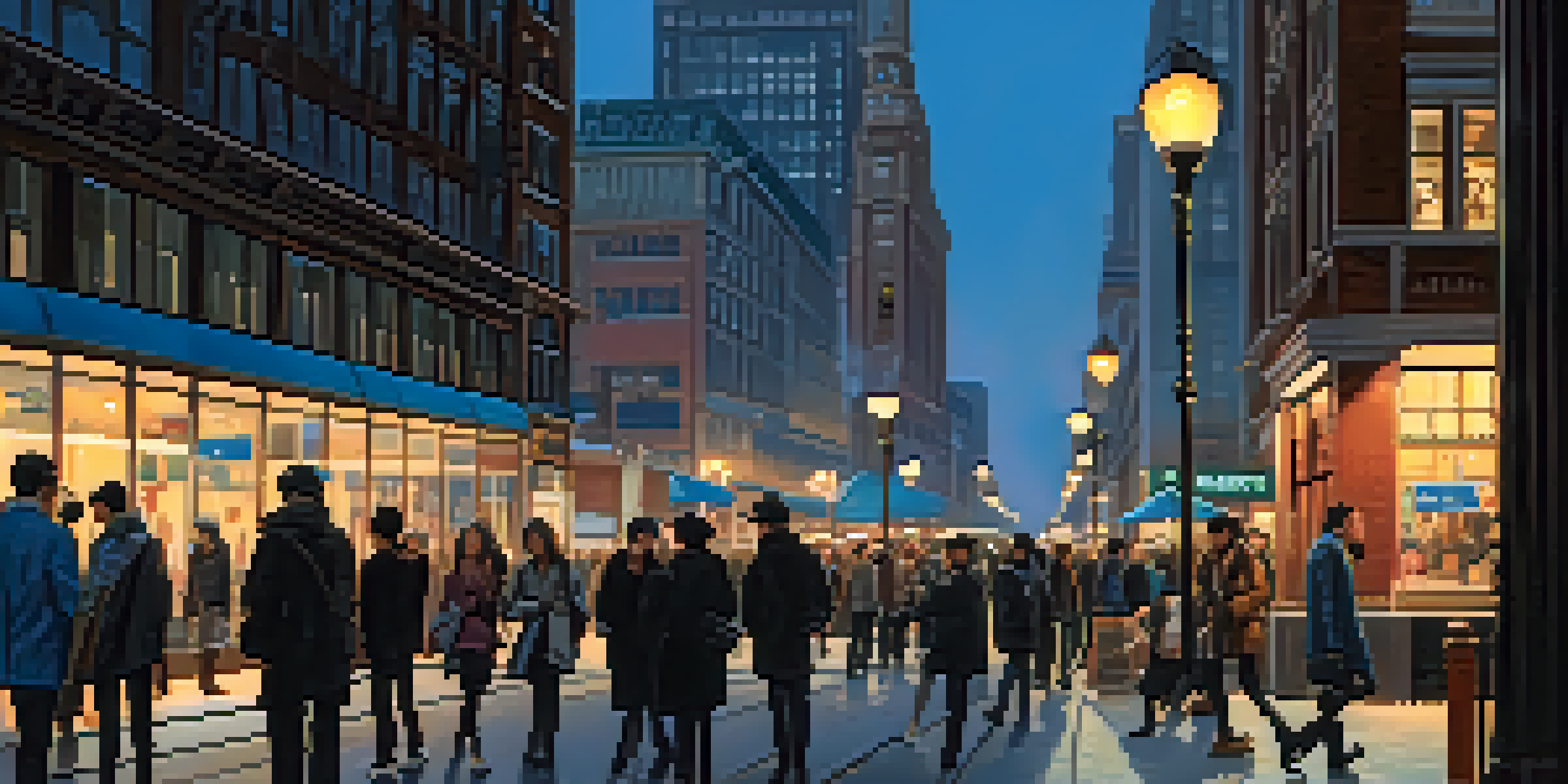 A busy urban street at dusk with people walking, buildings in the background, and streetlights glowing.