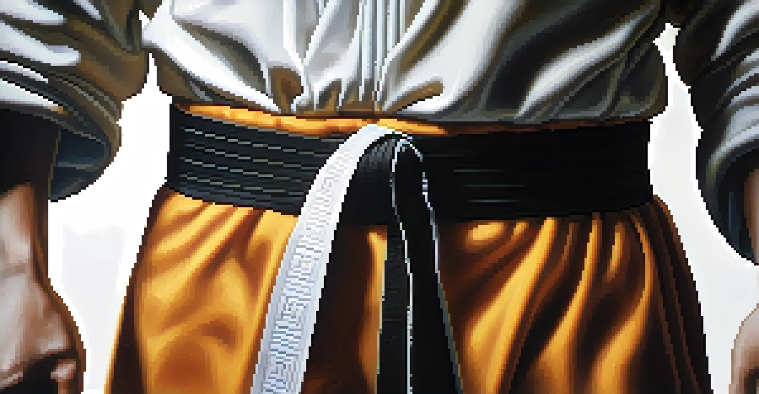 Close-up of a person's hands tying a martial arts belt, symbolizing empowerment and discipline.