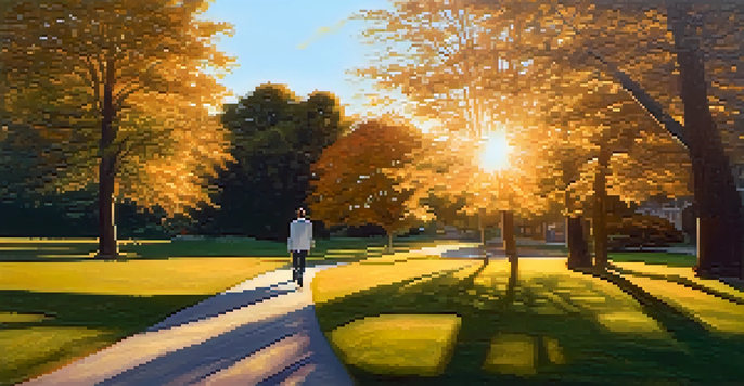 A person walking in a park during sunset, looking calm and aware of their surroundings.