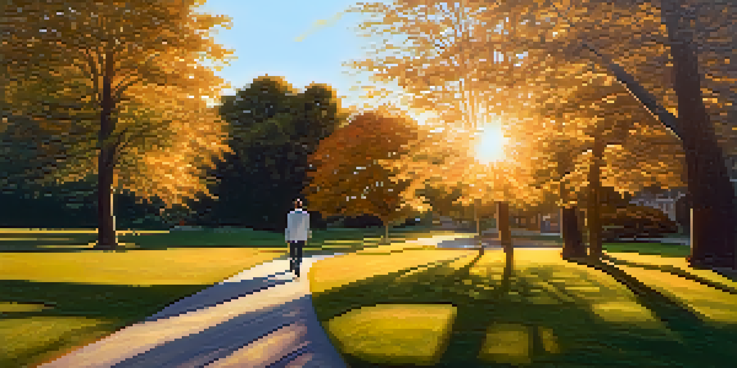 A person walking in a park during sunset, looking calm and aware of their surroundings.