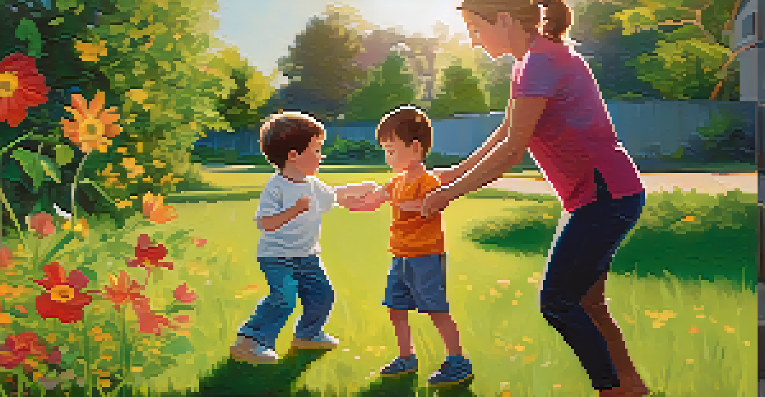 A parent helping a boy with self-defense training in a sunny backyard, practicing a wrist escape technique.