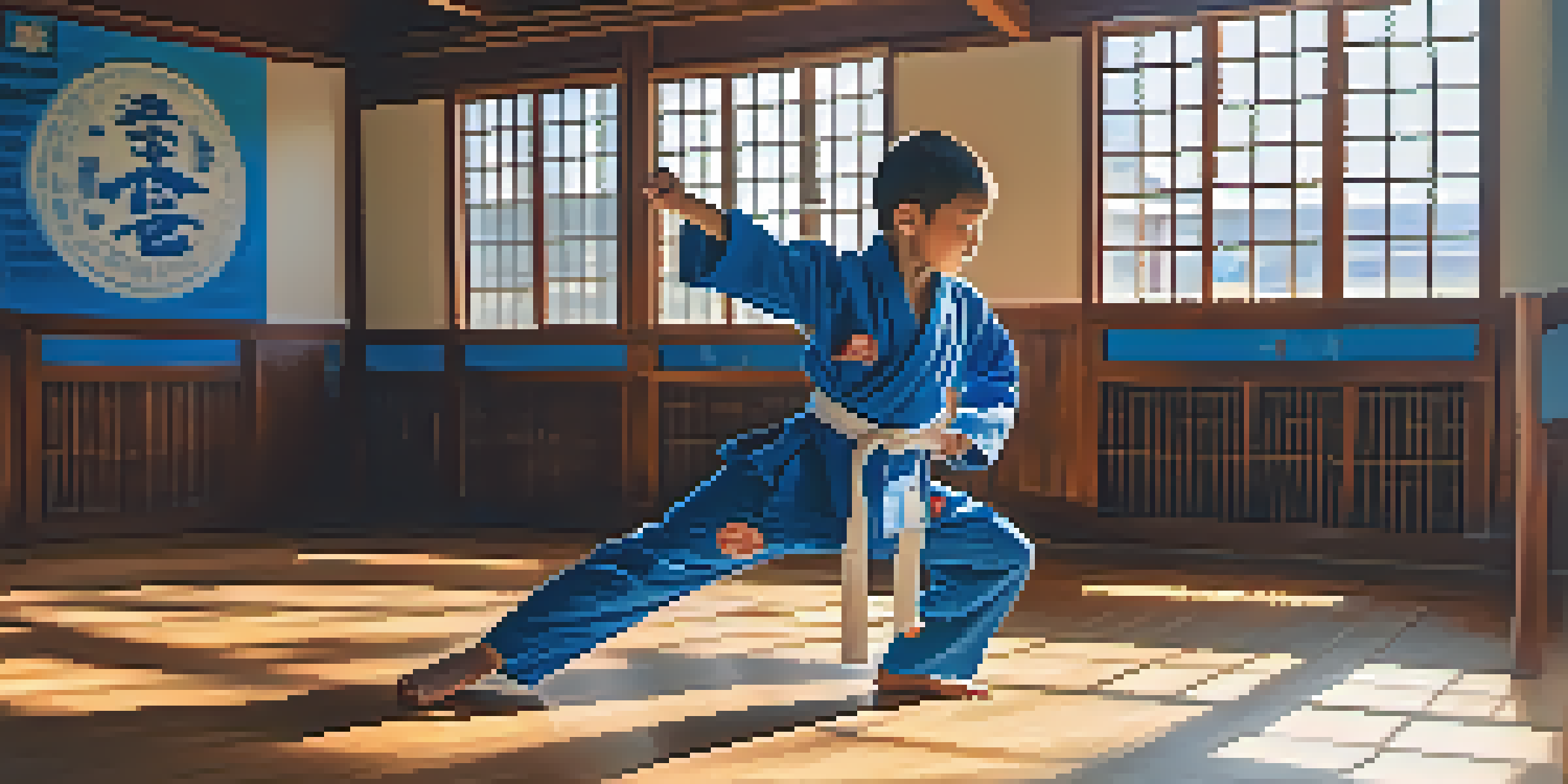 A child in a blue gi demonstrating a high kick in a dojo filled with sunlight and motivational posters.