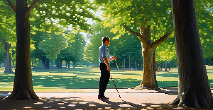 A person confidently holding a cane in a defensive stance in a sunny park with green trees.