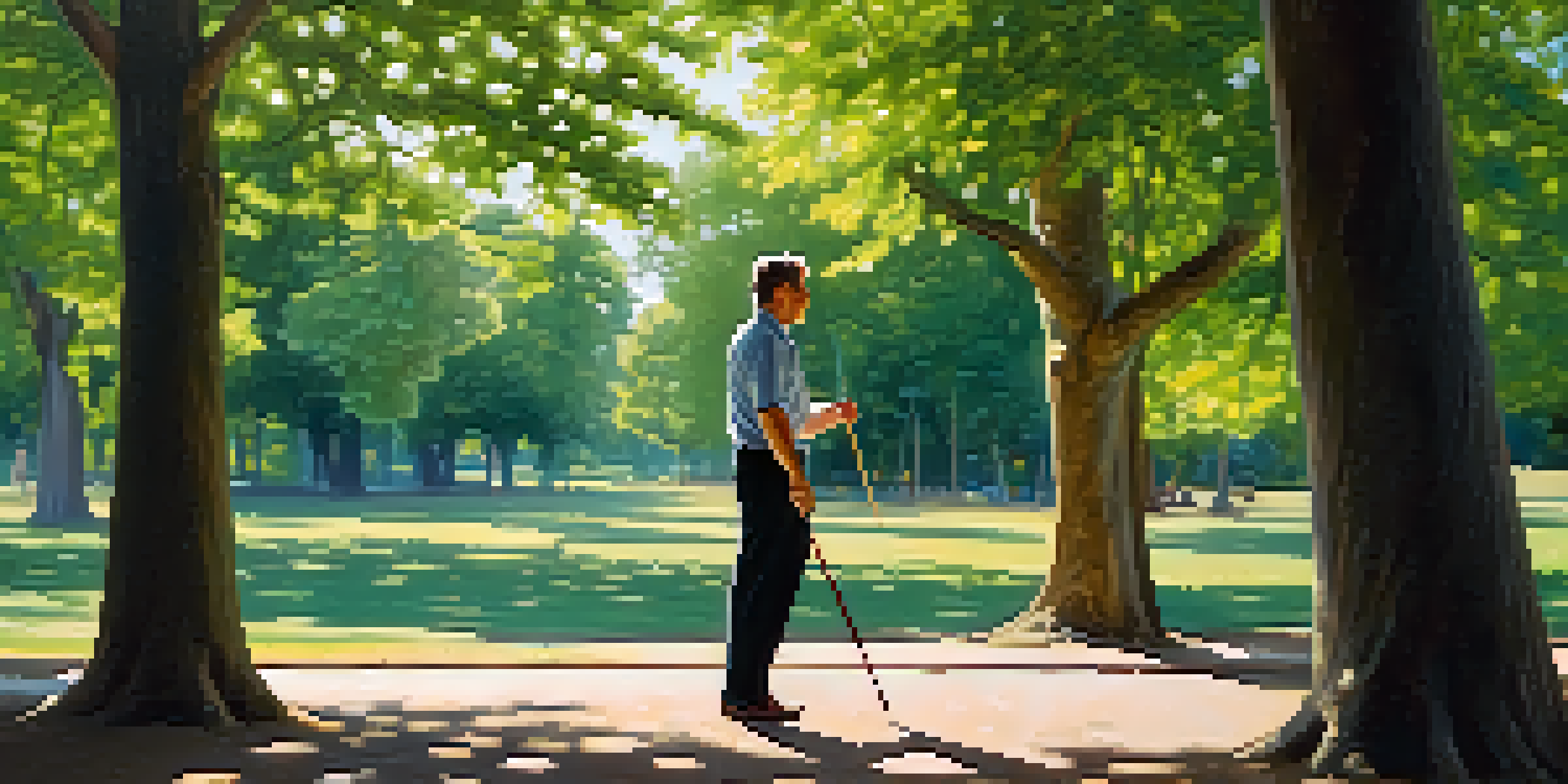 A person confidently holding a cane in a defensive stance in a sunny park with green trees.