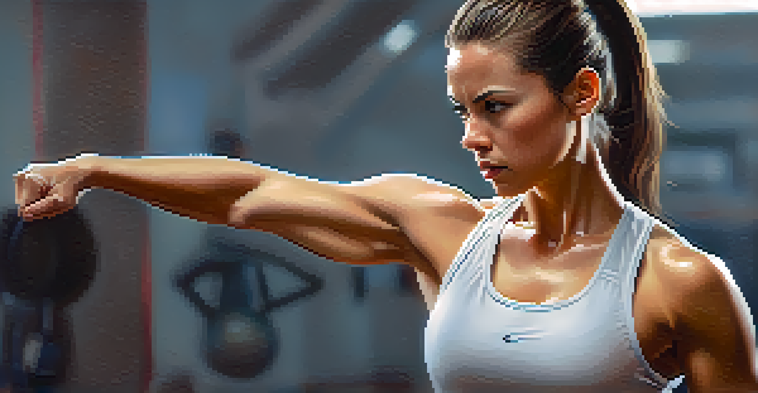A close-up of a confident woman in a self-defense stance, showcasing her strong posture and focused expression against a blurred background.