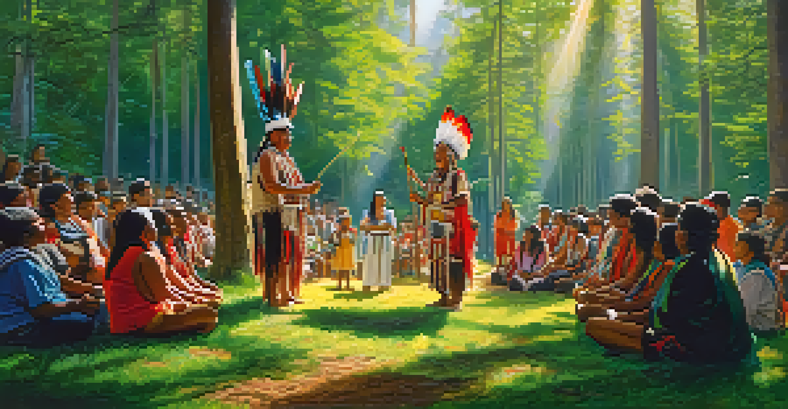 An Indigenous elder leading a ceremony in the forest, surrounded by community members in traditional attire.