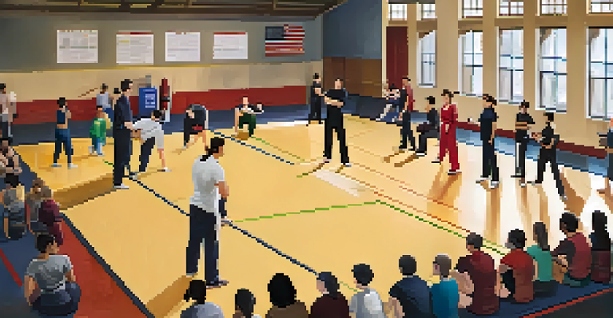 A diverse group practicing self-defense techniques in a gym setting with an instructor.