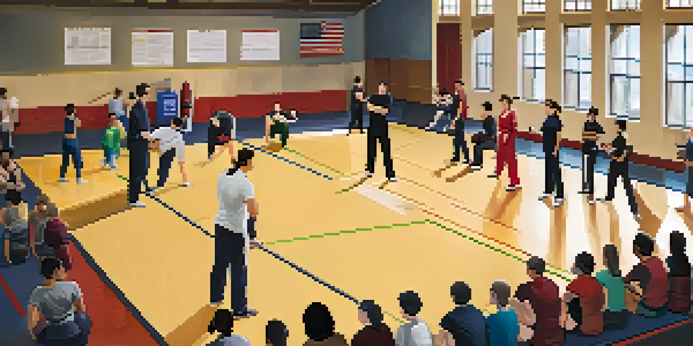 A diverse group practicing self-defense techniques in a gym setting with an instructor.