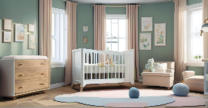 A beautifully designed nursery room with a crib, changing table, and soft pastel decor, filled with natural light.