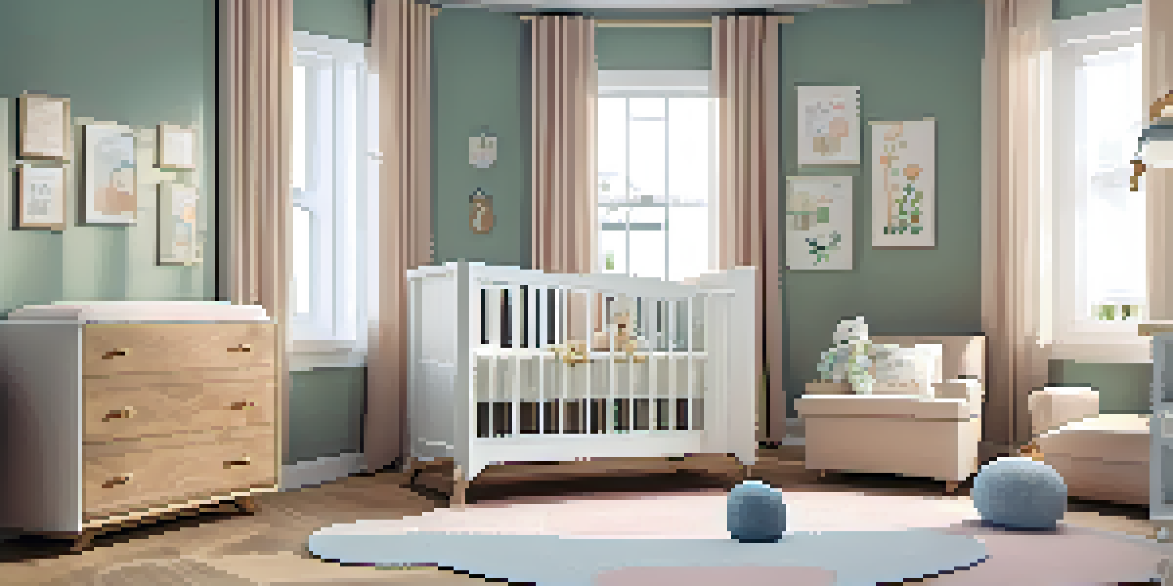 A beautifully designed nursery room with a crib, changing table, and soft pastel decor, filled with natural light.
