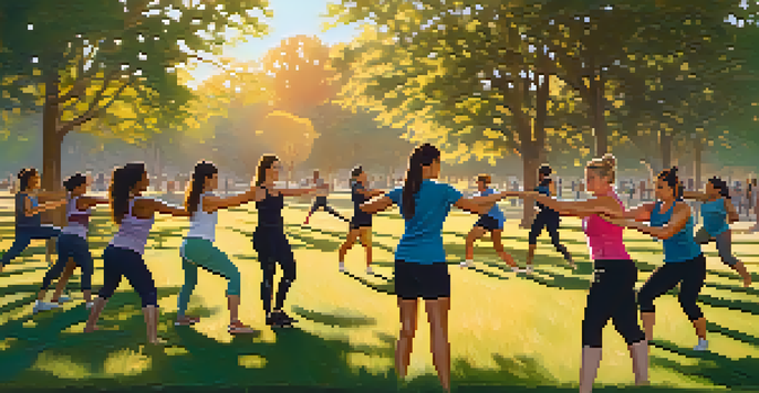 A group of women practicing self-defense techniques in a park during sunset, with a female instructor demonstrating a move.