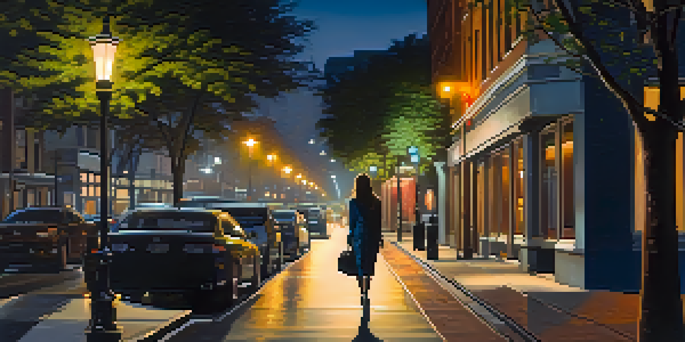 A woman walking confidently on a brightly lit street during the night, surrounded by trees and storefronts, showcasing a sense of awareness and safety.