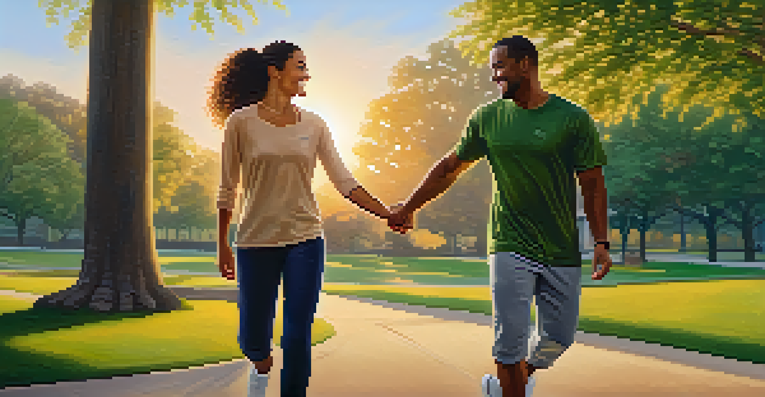 A happy couple walking in a park after a self-defense class, enjoying each other's company.