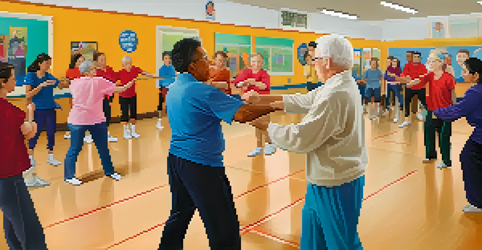 An elderly person practicing self-defense in a community center with an instructor and supportive classmates.